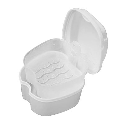 Denture Bath Case Cup Box Holder Storage Soak Container, Denture Bath Box False Teeth Storage Box with Basket Net Container Holder for Travel, Retainer Cleaning (White)