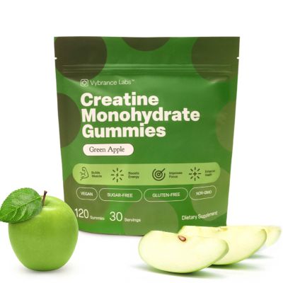 VYBRANCE LABS Creatine Gummies for Women & Men First & Only 5g Creatine + Taurine + Vitamin B12 | Vegan Creatine Gummies | Sugar-Free | Green Apple