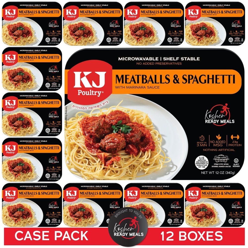 KJ Poultry Kosher Ready Meals - Spaghetti & Meatballs, MRE Meals Ready to Eat (12 Pack) Prepared Entree Fully Cooked, Shelf Stable Microwave Dinner Travel, Military, Camping, Emergency Survival