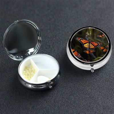 Monarch Butterflies Pill Box 3 Compartment Pill Case for Purse & Pocket Cute Pill Organizer with Mirror Portable Travel Pillbox Metal Round Medicine Organizer Unique Gift
