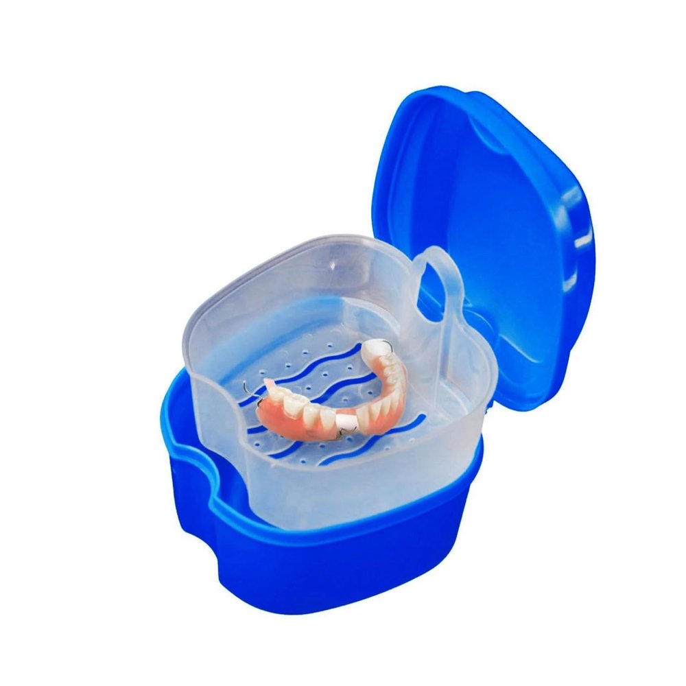 Denture Bath Case Cup Box Holder Storage Soak Container, Denture Bath Box False Teeth Storage Box with Basket Net Container Holder for Travel, Retainer Cleaning (Dark Blue)
