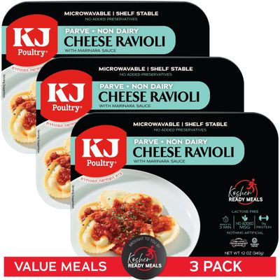 KJ Poultry Kosher Parve Ready Meals - Cheese Ravioli in Tomato Sauce, MRE Meals Ready to Eat, Halal, (3 Pack) Prepared Entree Fully Cooked, Shelf Stable Microwave Dinner Travel, Military, Camping