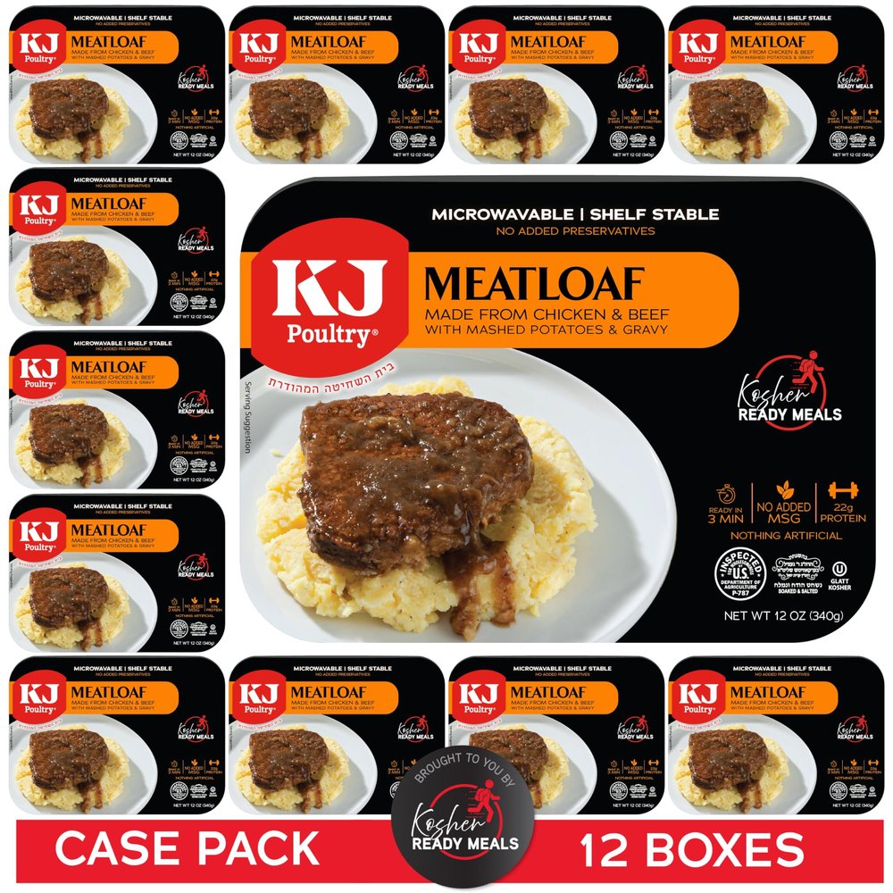 KJ Poultry Kosher Ready Meals - Meatloaf & Mashed Potato, MRE Meals Ready to Eat (12 Pack) Prepared Entree Fully Cooked, Shelf Stable Microwave Dinner Travel, Military, Camping, Emergency Survival