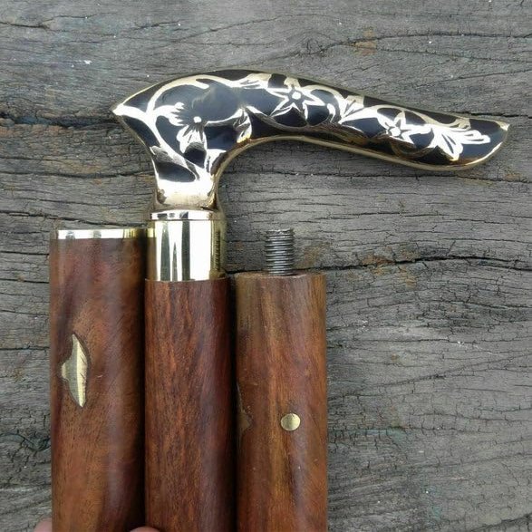 Blackperlcrafts by Designer Victorian Vintage Style Antique Brass Black Flower Head Handle Walking Stick Shaft Cane Gift