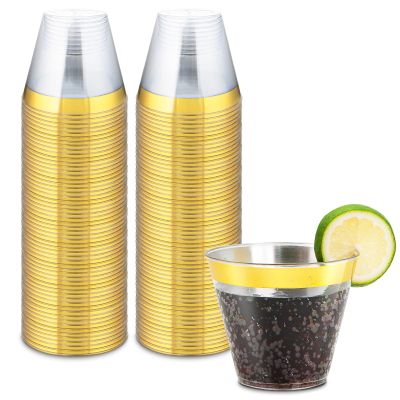 Byvivace 50counts 9 OZ. Disposable Cups Old fashioned Party Tumblers, 9 Ounce Squat Cups Gold Wine Glasses Hard Plastic Cups with Gold Rim