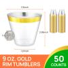 Byvivace 50counts 9 OZ. Disposable Cups Old fashioned Party Tumblers, 9 Ounce Squat Cups Gold Wine Glasses Hard Plastic Cups with Gold Rim view 3