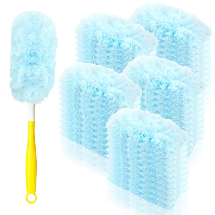 50pcs 360 Dusters Refills for Swiffer Dusters with 4X Microfibers,Blue Heavy Duty Efficient Duster Kit Disposable Dusters Refills with 1 Handle for Cleaning Furniture, Blinds, Ceiling Fans, Pet Hair