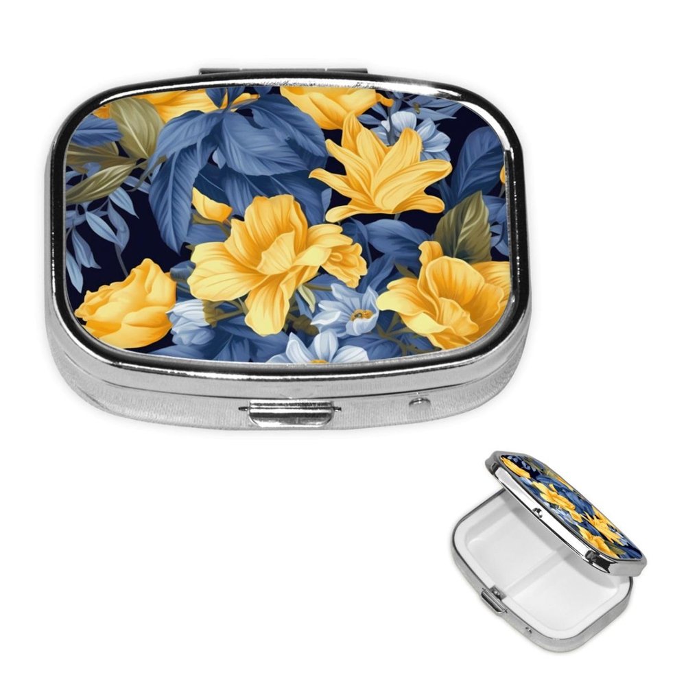 Blue Base Yellow Floral Pill Box Portable Small Pill Case 2 Compartment Metal Pill Vitamins Holder Organizer Cute Travel Pillbox for Purse Pocket