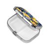 Blue Base Yellow Floral Pill Box Portable Small Pill Case 2 Compartment Metal Pill Vitamins Holder Organizer Cute Travel Pillbox for Purse Pocket view 3
