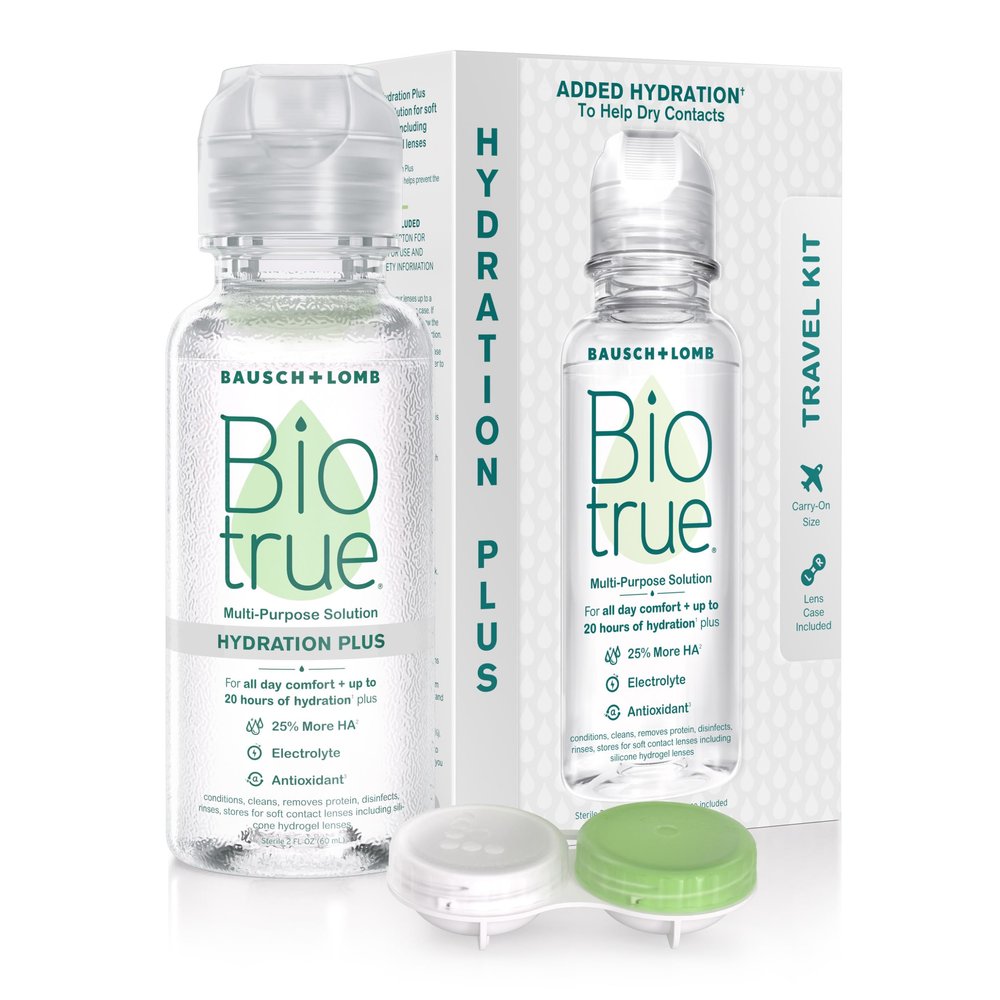 Biotrue Hydration Plus Contact Lens Solution, Multi-Purpose Solution for Soft Contact Lenses, Lens Case Included, 2 FL OZ Travel Size