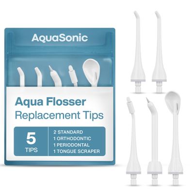 AquaSonic Genuine Aqua Flosser Replacement Tips - 5 Tips, 4 Types: Standard, Periodontal, Orthodontic & Tongue Scraper - Authentic Parts (White)