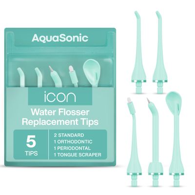 AquaSonic Genuine Icon Water Flosser Replacement Tips - 5 Tips, 4 Types: Standard, Periodontal, Orthodontic & Tongue Scraper - Authentic Parts (Mint)
