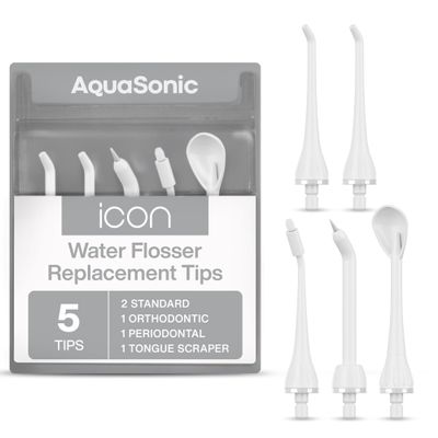 AquaSonic Genuine Icon Water Flosser Replacement Tips - 5 Tips, 4 Types: Standard, Periodontal, Orthodontic & Tongue Scraper - Authentic Parts (Pearl)
