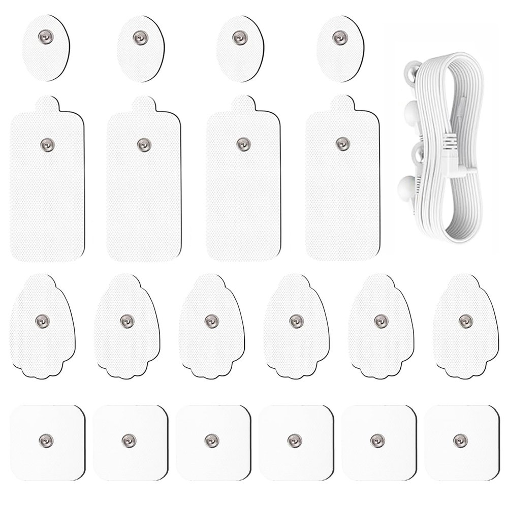 20 Pack TENS Unit Electrode Pads + 1/4 Wire Cable Combination Set. Reusable Premium Hydrogel Self-Adhesive Replacement Pads, Compatible with Belifu, AVCOO, NURSAL, TENS 7000, AUVON, Neocarbon (White)