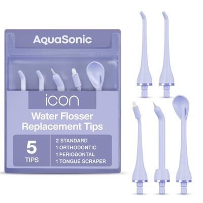 AquaSonic Genuine Icon Water Flosser Replacement Tips - 5 Tips, 4 Types: Standard, Periodontal, Orthodontic & Tongue Scraper - Authentic Parts (Lilac)