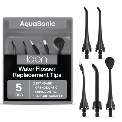 AquaSonic Genuine Icon Water Flosser Replacement Tips - 5 Tips, 4 Types: Standard, Periodontal, Orthodontic & Tongue Scraper - Authentic Parts (Onyx)