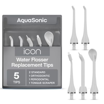AquaSonic Genuine Icon Water Flosser Replacement Tips  5 Tips, 4 Tip Types: Standard, Periodontal, Orthodontic & Tongue Scraper - Authentic Parts (Stone)