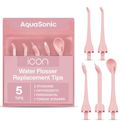 AquaSonic Genuine Icon Water Flosser Replacement Tips - 5 Tips, 4 Types: Standard, Periodontal, Orthodontic & Tongue Scraper - Authentic Parts (Blush)