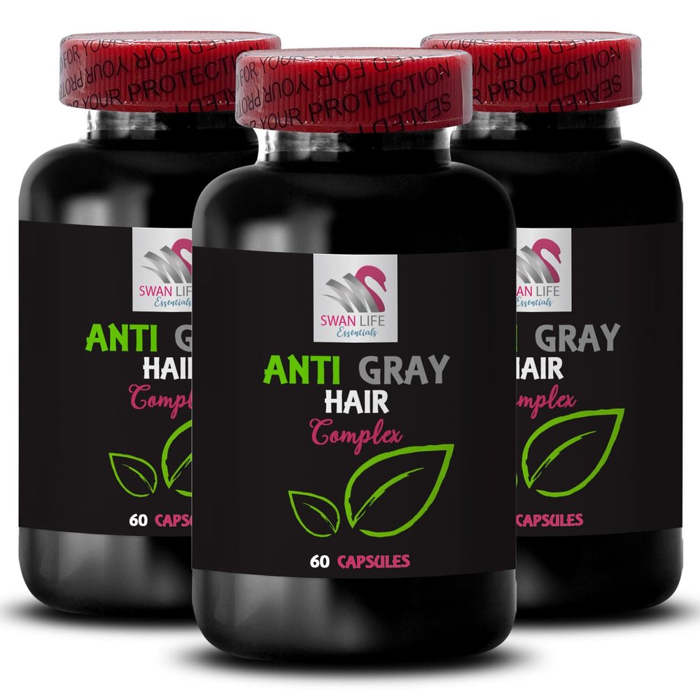Anti gray hair capsule - ANTI GRAY HAIR COMPLEX - Color revitalizer, Natural brilliance, Color vitality, Hair tone enhancer, Gray tone control, Hair vibrancy, Vibrant hair 3 Bottles 180 Capsules