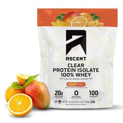 Ascent 100% Clear Whey Protein Powder - Post Workout, Zero Artificial Flavors & Sweeteners, Gluten Free, 5.5g BCAA, 2.1g Leucine, Essential Amino Acids, Orange Mango, 20 Servings