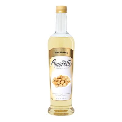 Amoretti - Macadamia Gourmet Syrup 750 ml, Flavor Coffees, Teas, Cocktails, & other Beverages, and Drizzle on Desserts, Gluten Free, GMO/GEO Free, Preservative Free, 94 Servings Per Bottle