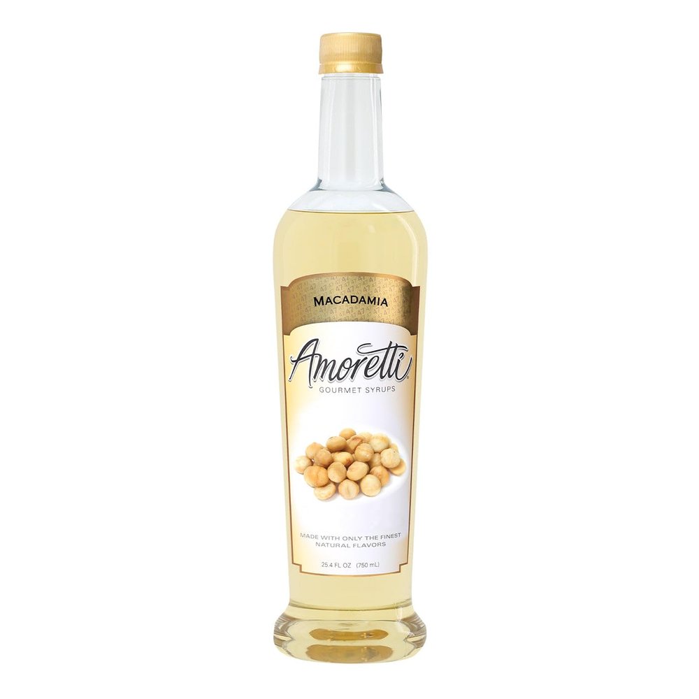 Amoretti - Macadamia Gourmet Syrup 750 ml, Flavor Coffees, Teas, Cocktails, & other Beverages, and Drizzle on Desserts, Gluten Free, GMO/GEO Free, Preservative Free, 94 Servings Per Bottle
