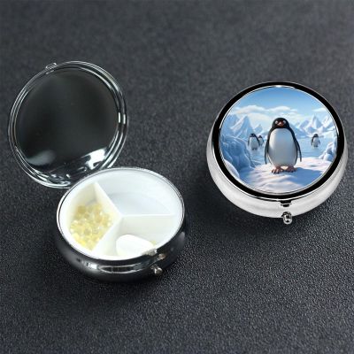 Penguin Antarctica Ice Pill Box 3 Compartment Small Pill Case for Purse & Pocket Decorative Metal Medicine Case Travel Pillbox Round Pill Organizer Vitamin Container Unique Gift