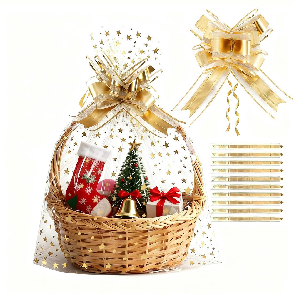 COQOFA 20 Pieces Large Cello/Cellophane Bags,16x24 Inches Clear Basket Gift Bags Gold Star Printed OPP Plastic Cellophane Wrap for Baskets Gift Packaging with Gold Pull Bows