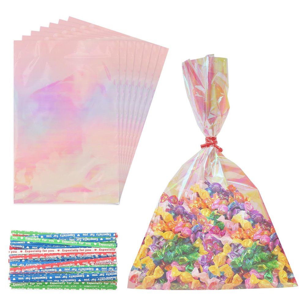 Cellophane Treat Bags,120pcs Cellophane Bags with 120pcs Ties,6x9 Inch Iridescent Holographic Candy Bags Cookie Goodie Bags Party Favors Bags for Weddings Birthday Christmas Thanksgiving Halloween