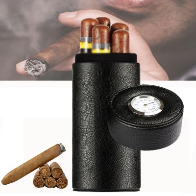 Cigar Humidor, Portable Travel cigar tube, Leather Cedar Wood Lined Cigar jar With Hygrometer and Humidifier, Holds Up To 5 Cigars, Exquisite and simple Any Cigar Lovers,Black