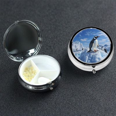 Snow Mountain Penguin Pill Box 3 Compartment Small Pill Case for Purse & Pocket Decorative Metal Medicine Case Travel Pillbox Round Pill Organizer Vitamin Container Unique Gift