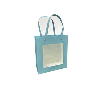 10pcs Window Gift Bag White Simple Solid Color Kraft Paper Bag Holiday Gift Wrap Smiling Baking Bag Cake Square Bottom Bag (Blue)