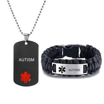 LiFashion Autism Medical Alert Jewelry Sets Emergency ID Tag Paracord Survival Caduceus Bracelet Necklace Sets,Engraving Medic Jewelry for Men(Medical Alert Necklace + Bracelet)