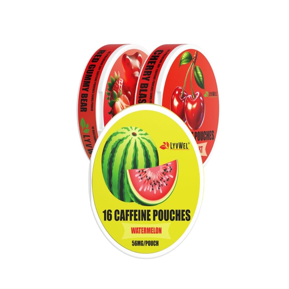 LyvWel 56mg Caffeine Energy Pouches  Watermelon, Red Gummy, Cherry Blast  Clean Energy & Focus Support with Guarana  3-Pack Sampler (48 Total Pouches)