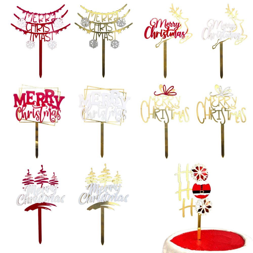 11 Pcs Christmas Cake Topper Decorations Merry Christmas Cake Toppers Winter Xmas Cake Decoration Cute HO HO HO Snowflake Cake Decor Butterfly Christmas Tree Elk Red White Gold Cake Decorations