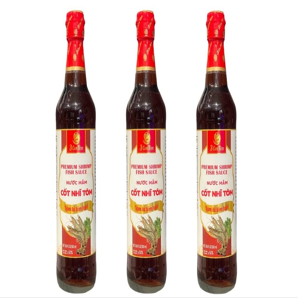 3 Packs - Premium Shrimp Fish Sauce Glass Bottle - Nuoc Mam Cot Nhi Tom Chai Thuy Tinh - 16.9 Oz per Glass Bottle with 3 Bottles per Order