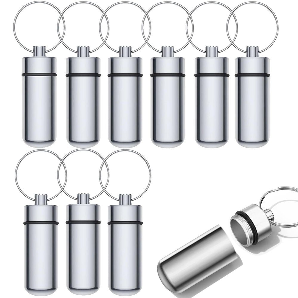 10 Pcs Portable Pill Case First Aid Pill Container Mini Pill Container Waterproof Aluminum Keychain Pill Case Keychain for Medications, Vitamins and Supplements (Silver)