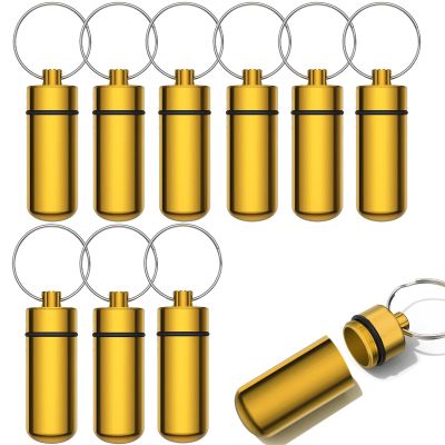 10 Pcs Portable Pill Case First Aid Pill Container Mini Pill Container Waterproof Aluminum Keychain Pill Case Keychain for Medications, Vitamins and Supplements (Gold)