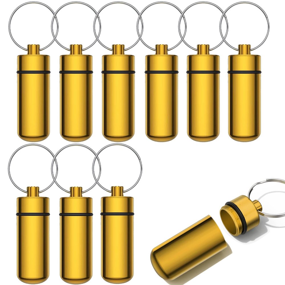 10 Pcs Portable Pill Case First Aid Pill Container Mini Pill Container Waterproof Aluminum Keychain Pill Case Keychain for Medications, Vitamins and Supplements (Gold)
