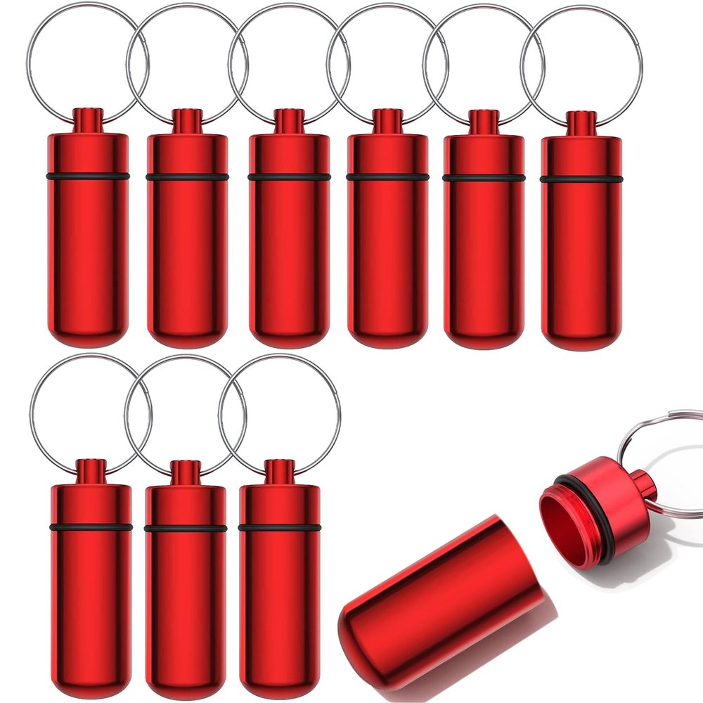 10 Pcs Portable Pill Case First Aid Pill Container Mini Pill Container Waterproof Aluminum Keychain Pill Case Keychain for Medications, Vitamins and Supplements (Red)