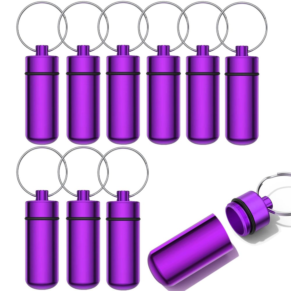 10 Pcs Portable Pill Case First Aid Pill Container Mini Pill Container Waterproof Aluminum Keychain Pill Case Keychain for Medications, Vitamins and Supplements (Purple)