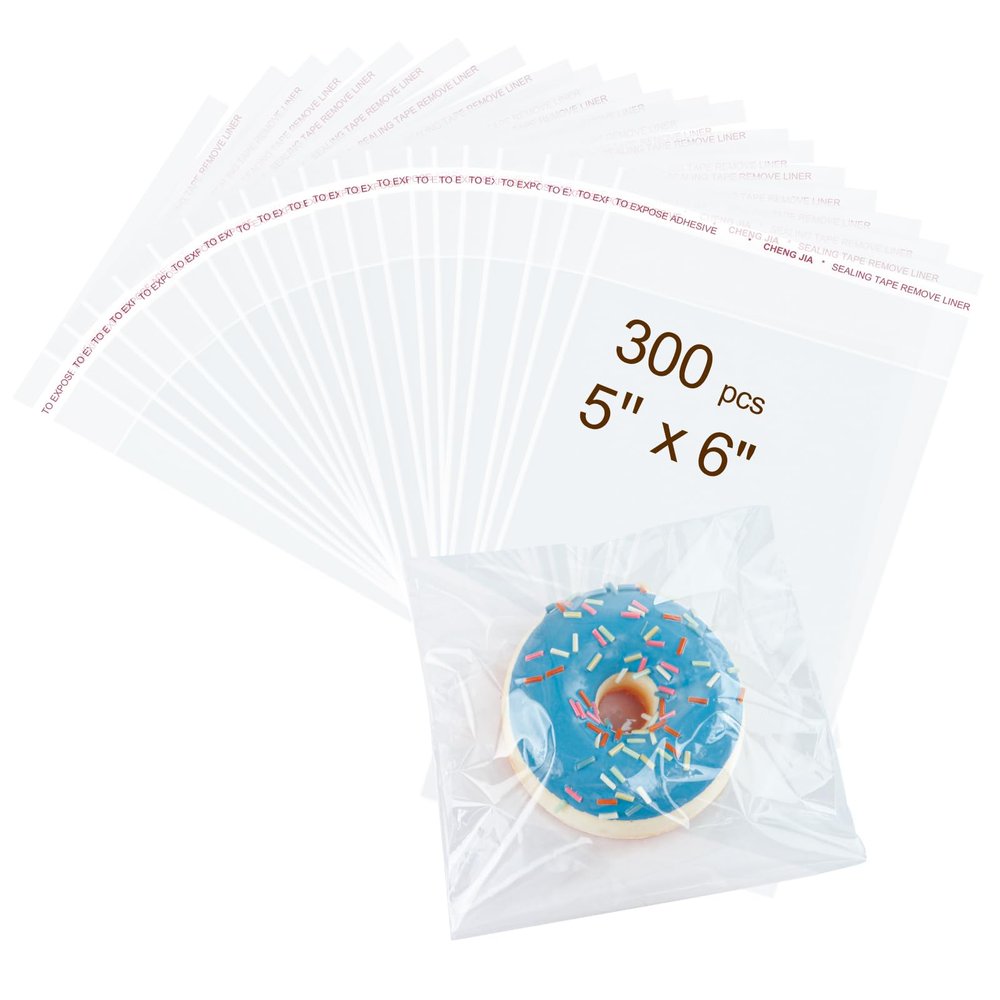300PCS Clear Self Sealing Cellophane Bags - Cookie, Candy & Bread Bags (5x6 Inches)