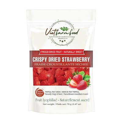 CRISPY DRIED STRAWBERRIES 2.47 oz (70g) VIETFARMFOOD: Freeze-dried, no sugar added, naturally sweet and sour. Nutritious, pure, and crunchy. Great for snacking, toppings, desserts, or healthy gifting.
