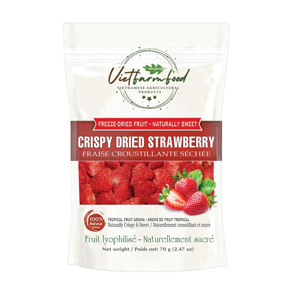 CRISPY DRIED STRAWBERRIES 2.47 oz (70g) VIETFARMFOOD: Freeze-dried, no sugar added, naturally sweet and sour. Nutritious, pure, and crunchy. Great for snacking, toppings, desserts, or healthy gifting.