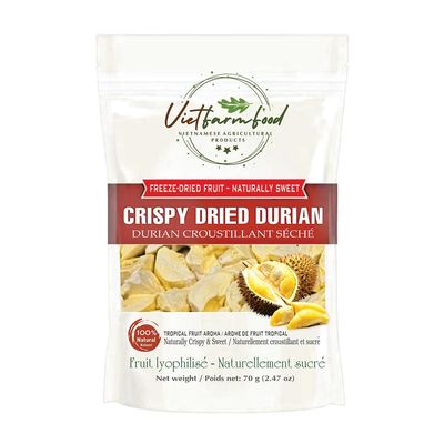 CRISPY DRIED DURIAN 2.47 oz (70g) VIETFARMFOOD: Freeze-dried, no sugar added, naturally sweet. Nutritious, pure, and crunchy. Great for snacking, toppings, desserts, gifting.