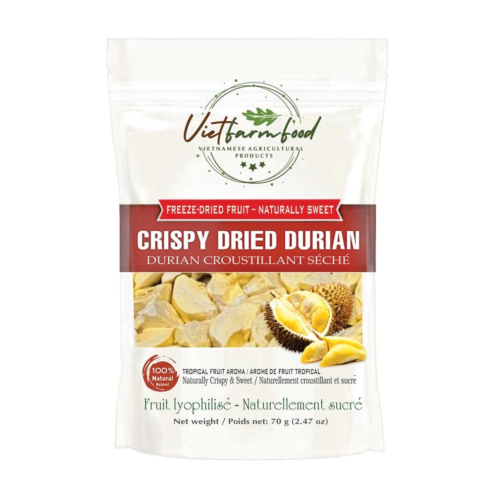 CRISPY DRIED DURIAN 2.47 oz (70g) VIETFARMFOOD: Freeze-dried, no sugar added, naturally sweet. Nutritious, pure, and crunchy. Great for snacking, toppings, desserts, gifting.