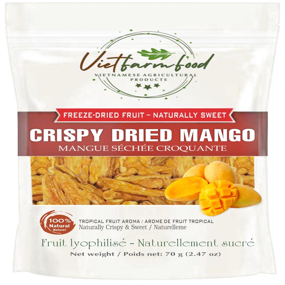 CRISPY DRIED MANGO 2.47 oz (70g) VIETFARMFOOD: Freeze-dried, no sugar added, naturally sweet. Nutritious, pure, and crunchy. Great for snacking, toppings, desserts, or healthy gifting.