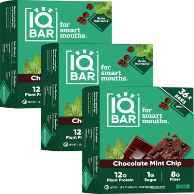 IQBAR Brain and Body Clean Plant Protein Bars - Chocolate Mint Chip - 36 Bars - Keto, Vegan, High Fiber, Gluten and Dairy Free, Low Sugar Snack with Nutrients for Focus, Energy, Meal Replacement