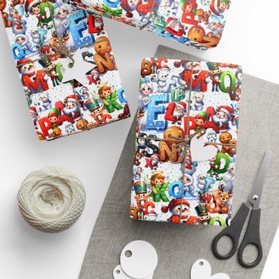 Christmas Alphabet Characters Wrapping Papers, 3x sizes, ABC Christmas Wrapping Paper Roll, Christmas Kids Wrapping Paper