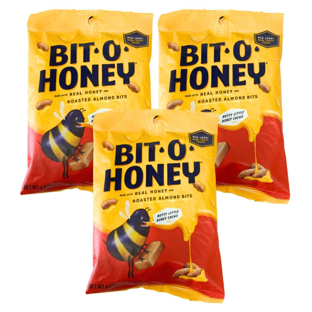 Sweet Roasted Almond Candy Bundle. Includes Three 4.2 Oz each pack of Bit Oh Honey Snacks. Made with Real Honey Comb and Quality Roasted Almond. For Office, Picnics, and More! Comes with a GFMH Box!
